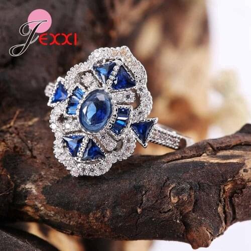 Unique Design Fashion Blue Crystal 925 Sterling Silver Anniversary Engagement Rings For Female Wedding Band Ring Jewelry