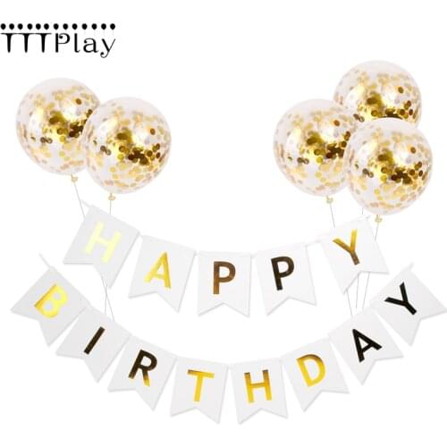 6pcs/lot Gold Confetti Balloons 12inch Inflatable Birthday Ballon White Happy Birthday Banner Birthday Party Decoration Supplies