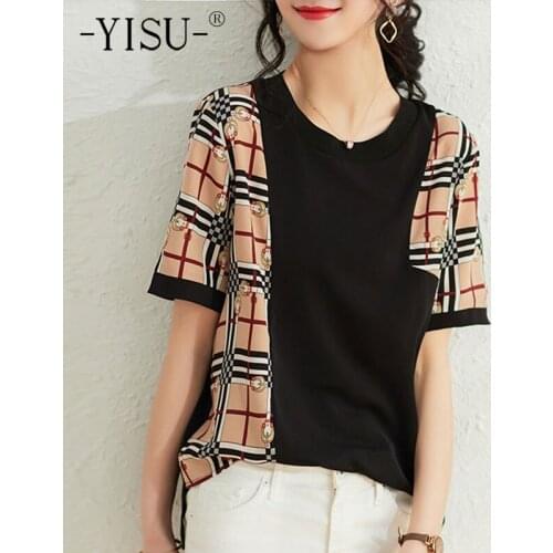 YISU 2021 Summer Splicing Printing Women Short sleeve T-shirt O-Neck Knitted pullove Women tops Casual Loose Jumper Thin section
