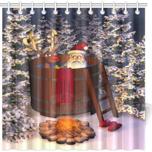 Winter Holiday Cute Santa Claus and a Reindeer in a Hot Tub Bathroom Shower Curtain