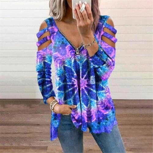 New Women Autumn Spring Blouse Hollow Shoulder Long Sleeve Tops Elegant Shirts Zipper Fashion Print Blouses Casual Loose Blusas