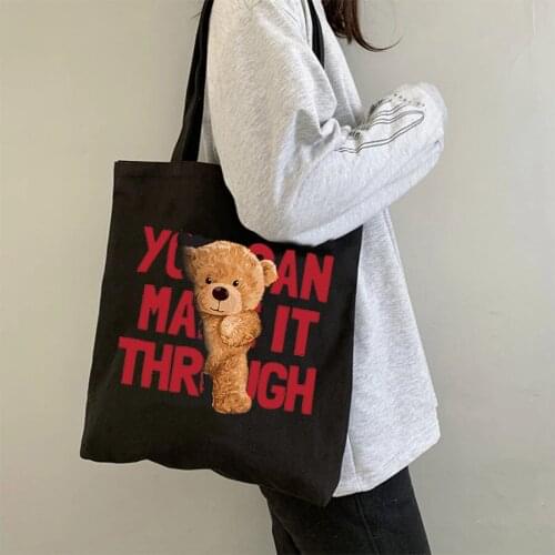 Handbags For Women Cartoon Bear Kawaii Canvas Tote Shopping Bag With Zipper Female Vintage Pink Girls Shoulder Bags Large Bolsos