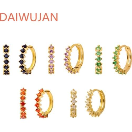 DAIWUJAN Punk Colorful Zircon Crystal Round Hoop Earrings for Women Rainbow Circle Earrings 925 Sterling Silver Wedding Jewelry