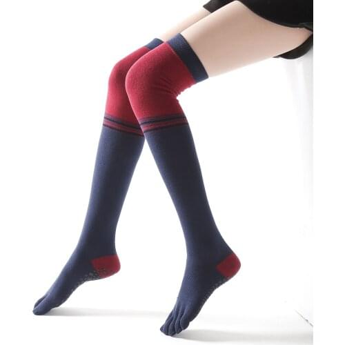 Women Thigh High Toe Socks Five Finger Striped Anti-slip Leg Warmer Dance Fitness Long Boot Stockings
