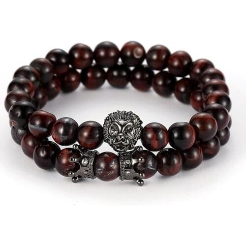 2019 Red Black Natural Stone Bracelet Female Jewelry Round Skull Crown Steel Flower Pendant Charm Bracelets Women Jewelry