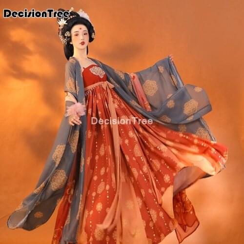 2021 ancient chinese costume women stage performance outfit hanfu costume satin chinese traditional printed folk dance dress