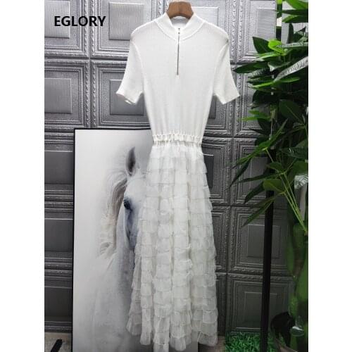 2020 Autumn Winter Fashion Long Dress High Quality Women Cascading Ruffle Lace Patchwork Short Sleeve Black Pink Maxi Dress