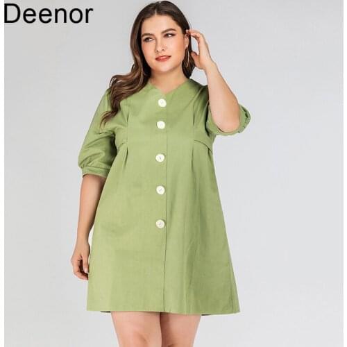 Deenor Plus Size Dresses V-neck Retro Single Breasted Slim Solid Medium Sleeve Dress Loose Womens Summer Dresses 2021