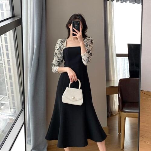Vintage Maxi Dresses for Women Party Patchwork Long Sleeve Square Collar Floral Slim Mermaid Woman Dress Elegant Autumn 2021 New