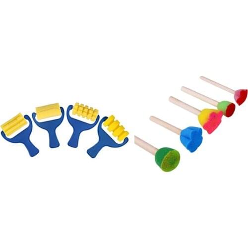 4Pcs Sponge Paint Roller Brush & 5Pcs Sponge Paint Brushes Toys Wooden Handle Seal Sponge Brushes