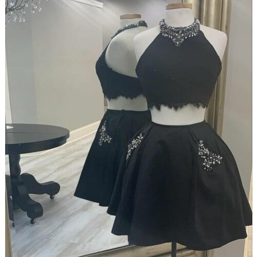 2 Pieces Short A-Line Halter Satin Black Beaded Homecoming Dresses with Pockets Knee Length Zipper Graduation Dresses for Teens