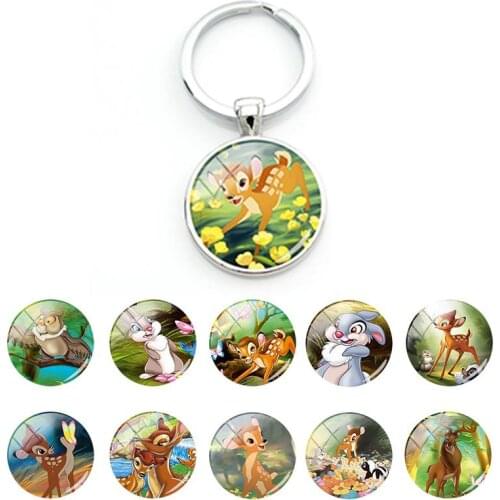 Disney Cute Bambi And Friend Thumper Pattern Keyrings Gifts for Best Friend Pendant Glass Cabochon Bag Keychains Unisex DSN227