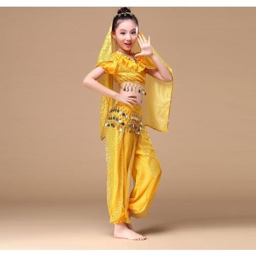 3 colors whole set 5pcs Sari Dancewear Children Belly Dance Costume Set Indian Dance Costumes Bollywood Kids Dresses