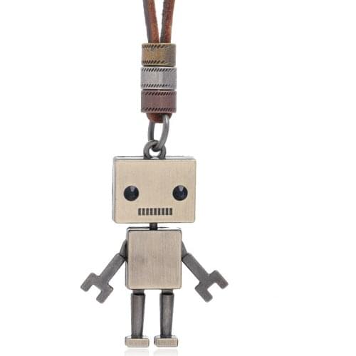 Men Punk Necklace New Alloy Robot Pendant Maxi Necklace Men Women Choker Genuine Leather Collar Necklace Fashion Jewelry