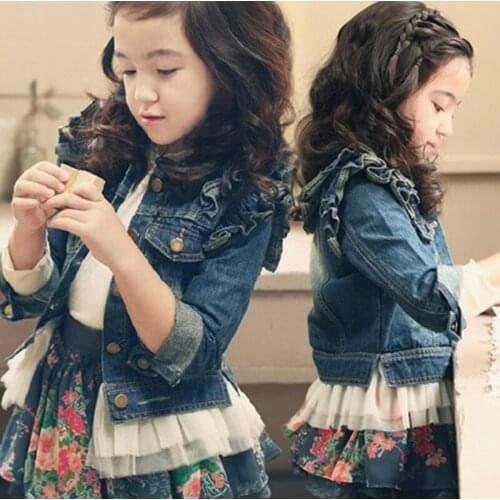 2019 spring and autumn new Korean girls denim jacket girls lace side long sleeve shirt childrens clothing cardigan braid