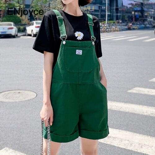 Fashion Green Denim Jumpsuit Rompers for Women Summer Big Pockets Sling Shorts Jeans Overalls Casual Playsuits 2021 New Outfits
