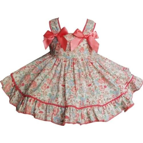 Baby girl summer vintage Spanish lolita floral ball gown dress kids bow spaghetti strap England birthday party princess dress