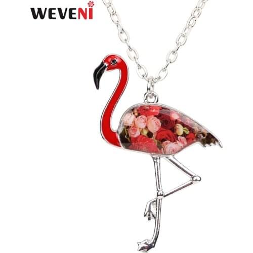 WEVENI Statement Alloy Flamingo Pendant Necklace Enamel Bird Chain Collar New Fashion Animal Accessories Jewelry For Women