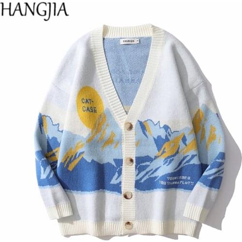 Harajuku Korean Fashionable Mountain Print Kniit Cardigan Sweater Men Women Autumn and Winter Streetwear Outwear Loose Casual