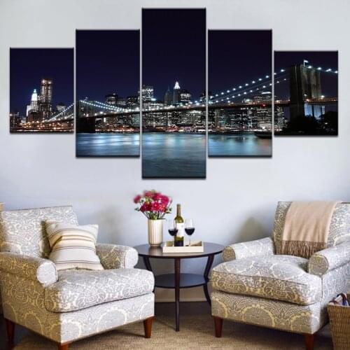 New York City Night Skyline Wall Art Picture Beautiful Modern Brooklyn Bridge Painting Canvas Prints 5Piece Set With Frame