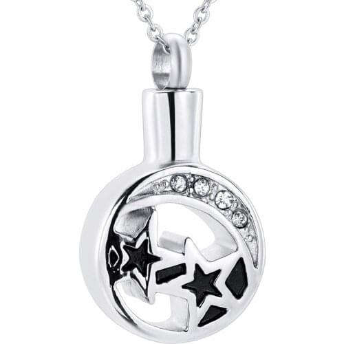 IJD9624 Stainless Steel Round Shape with Crystal Moon Star Cremation Pendant Keepsake Jewelry Ashes Holder Urn Memorial Necklace