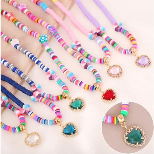 New Bohemian Multicolor Polymer Clay Necklace Women Fashion Crystal Heart Shaped Pendant Choker Lovely Summer Beach Party Gifts