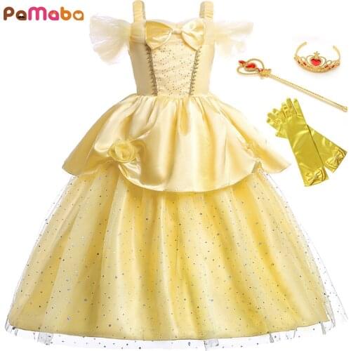 PaMaBa Children Girls Halloween Fantasy Belle Princess Dress up Kids Elegant Birthday Party Belle Gown off Shoulder Belle Frocks
