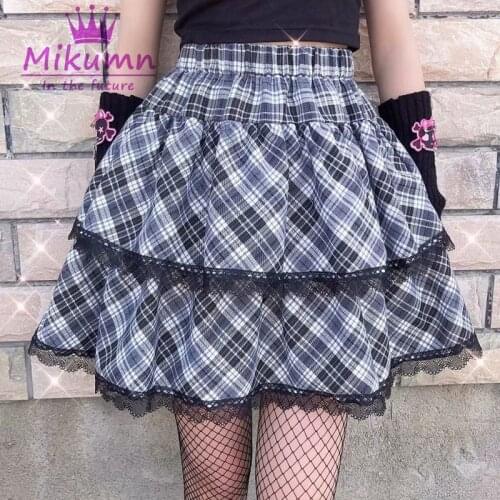 Harajuku Punk Style Black White Plaid Pleated Skirt Gothic Lolita Kawaii Cake Mini Skirts Ball Gown Chic Streetwear Mujer