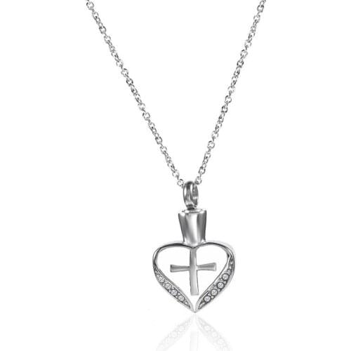 RIR Crystal Cross Urn Ashes Heart Pendant Necklace Cremation Keepsake Memorial In Stainless Steel with Funnel Pin