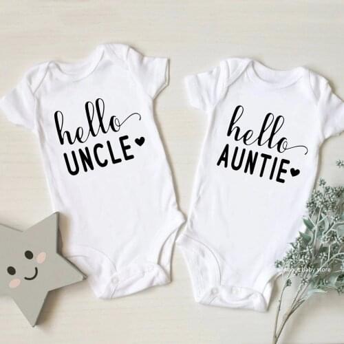 Funny Hello Uncle Auntie Printed Newborn Baby Bodysuit Cotton Infant Boy Girl Short Sleeve Romper Jumpsuit Body Baby Clothes