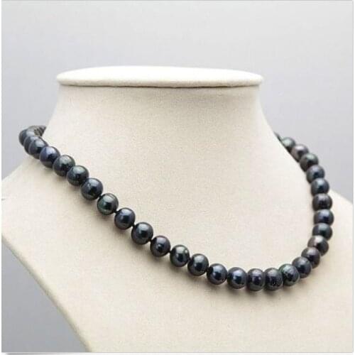 Wedding Woman AA 18'' 9-10MM Freshwater Black Pearl Necklace Real Natural Pearl Handmade Free Shipping