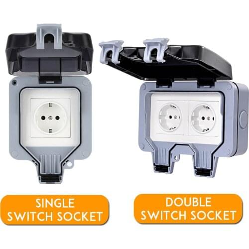 IP66 Single/Double Weatherproof Waterproof Outdoor Wall Power Socket Box 16A EU Standard Electrical Outlet Grounded AC 250V