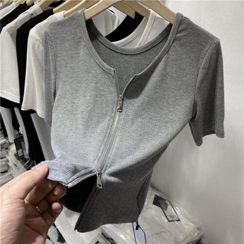 Short Solid Zipper Women T-Shirts Summer New 2021 O-Neck Slim Empired Elastic Sexy Female Outwear Coats Tops