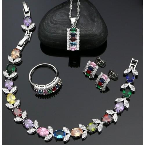 925 Silver Jewelry Sets For Women Multicolor Cubic Zirconia Stud Earrings/Pendant/Ring/Bracelet/Necklace Silver Set
