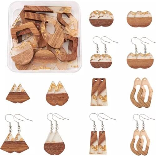 1Box Resin & Walnut Wood Pendants for Dangle Earrings Making with Earring Hooks Jump Rings Handmade Wooden Earrings Supplies Kit