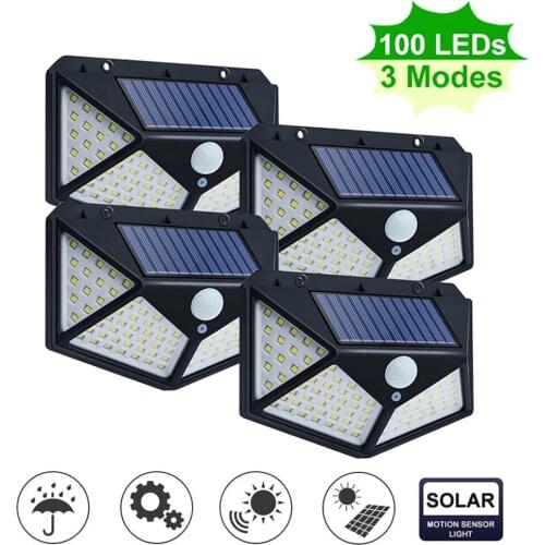 100 LED Solar Powered Light 3 Modes PIR Motion Sensor Solar Wall Lamp Outdoor Waterproof Garden Yard Security Lights