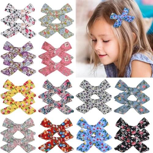 2pcs/set Cute Baby Girls Print Flower Boutiq for Kids Bowknots BB Hair Bow with Clip Solid Hairpin Barrette Hair Accessories