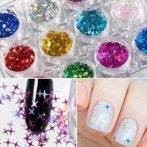 12bottles/set Box Nail Sequins for 2 Sizes Four-pointed Star Pentagram Paillette Holographic Shiny Nail Art Glitter Decorations