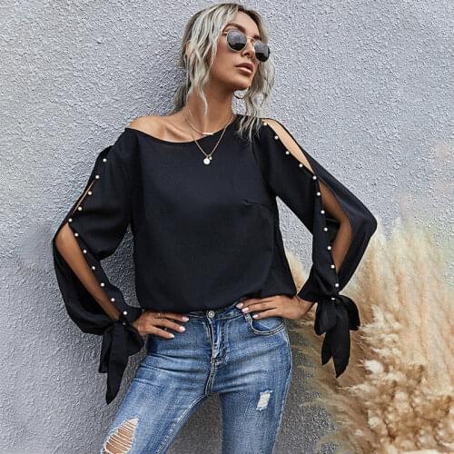Beading Open Sleeve Blouse Women O Neck Solid Color Fashion Shirt Top Autumn Casual Slim Blouse For Women 2020 New