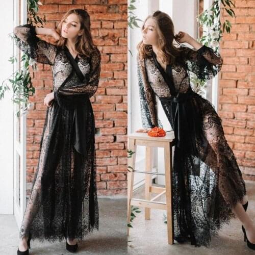 Black Women Ladies Sexy Night Dresses Long Sleeve Nightgown Nightdress Lace Sleepwear Nightwear For Bridal Boudoir Dress