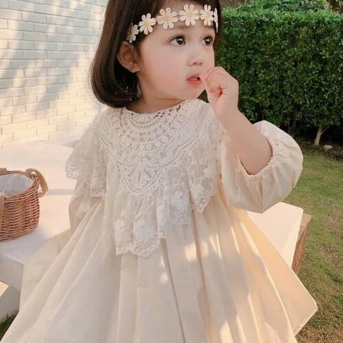 Autumn New ChildrenS Girls Dresses Pure Cotton Solid Color A-Line Dress Lace Collar Lantern Sleeves Fashion Sweet Clothing