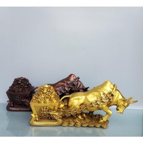 Home Decor 13" Chinese Seikos Bronze Zodiac Bull Statue Bull pull ingot cart Lucky fortune Bullish