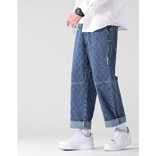 2021 Autumn New Mens Elastic Waist Denim Wide-leg Pants Streetwear Jacquard Pattern Baggy Jeans Male Brand Clothes
