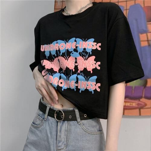T-shirts Goth Streetwear Short Sleeve Top Tee Female Kawaii y2k mujer gothic футболка Harajuku butterfly Print Black Crop Women