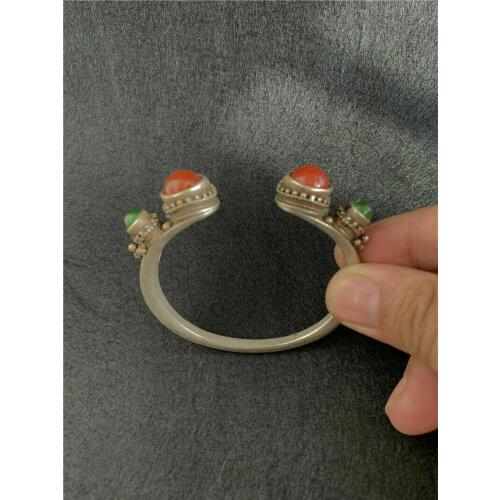 Chinese exquisite Tibetan Silver Inlay Red green gem Handmade Bracelet