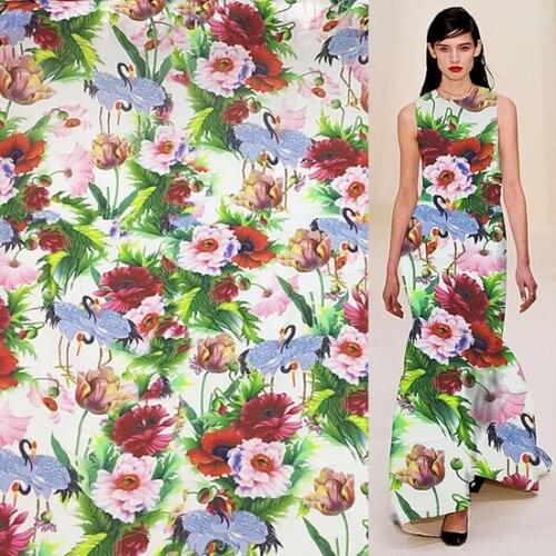 China Red-crowned Crane and floral print silk blend linne fabric 21momme,SLN081