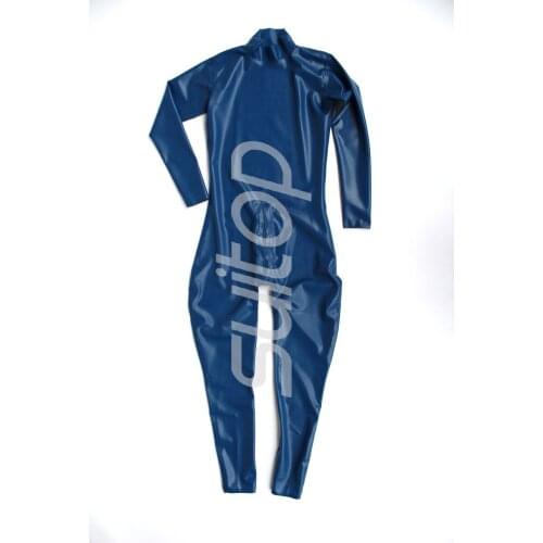 Latex rubber catsuit with crotch zip neck enter high quanlity level Real Photo in blue color