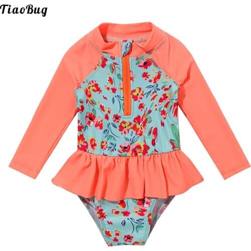 TiaoBug Summer Infant Baby Girl One-Piece Swimwear O-Neck Long Sleeve Floral Pattern Front Zipper Closure Ruffle Hem Swimsuit