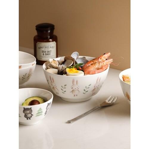 Cute ceramic 4.75inch 6.75 inch bowls rice fruit salad noodle bowl bear rabbit fox owl animal carton printed on-glazed cutlery