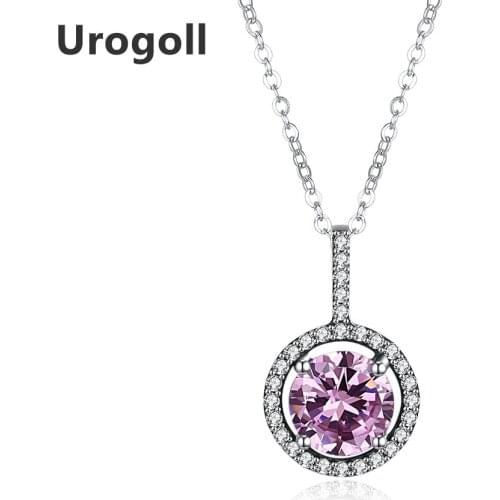 Fashion 925 Sterling Silver & Purple Sparking Round Shape With Crystal Pendant Necklaces Luxury Silver Jewelry Gifts
